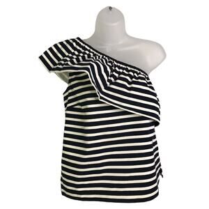 J.Crew One Shoulder Asymetric Top Wmns Size XS Navy Blue Stripe Ruffle‎ Classic